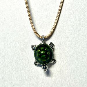 Green And Silver Turtle Charm Necklace On 18" Waxed Cord w/ Extension